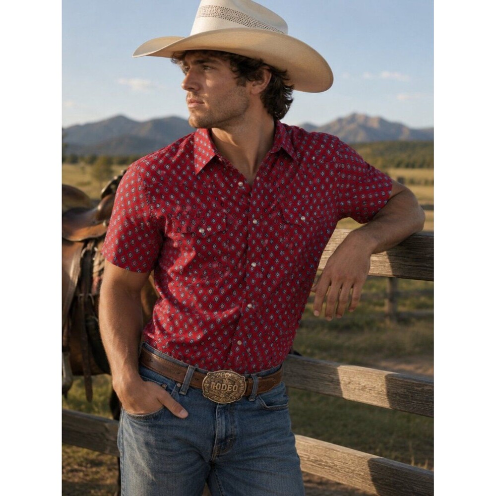 Wrangler Rancher Men's Red Western Snap Shirt Geometric Print XXL